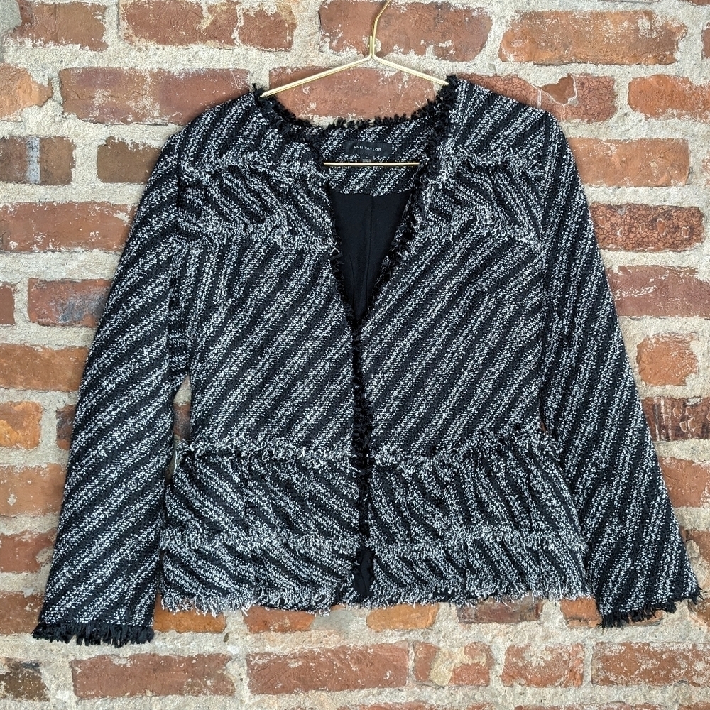 Ann Taylor Size 4 Black & White Diagonal Stripes Tweed Fully Lined Blazer Jacket